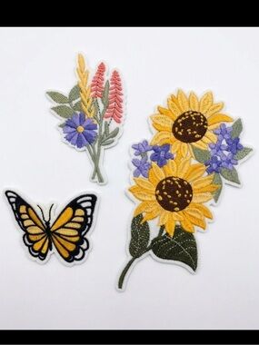 Sunflower & Butterfly Embroidered Iron-On Patches - Yellow Floral Set